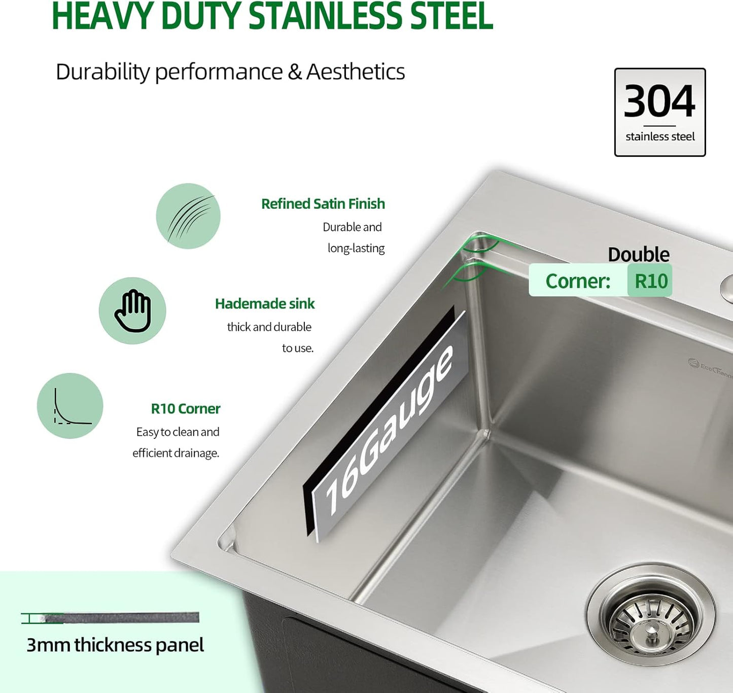 Kitchen Sink, 21 x 20 x 10 Drop in Kitchen Sink 16 Gauge Stainless Steel Kitchen Sinks Single Bowl Workstation Sink with Cutting Board
