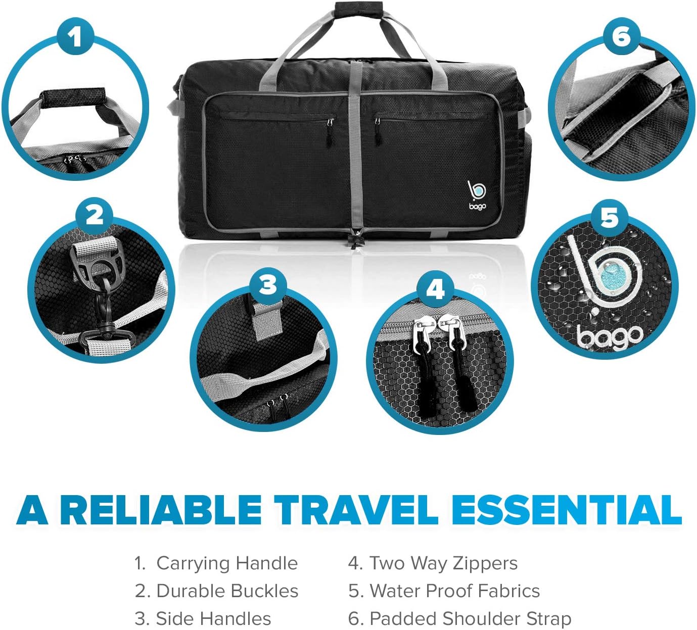 Bago Big XXL Foldable Duffel Bags for Traveling Women & Men - 140L Packable Duffle Bag for Travel with Shoe Compartment - Water Repellant, Heavy Duty, Lightweight Folding & Collapsible (Black)