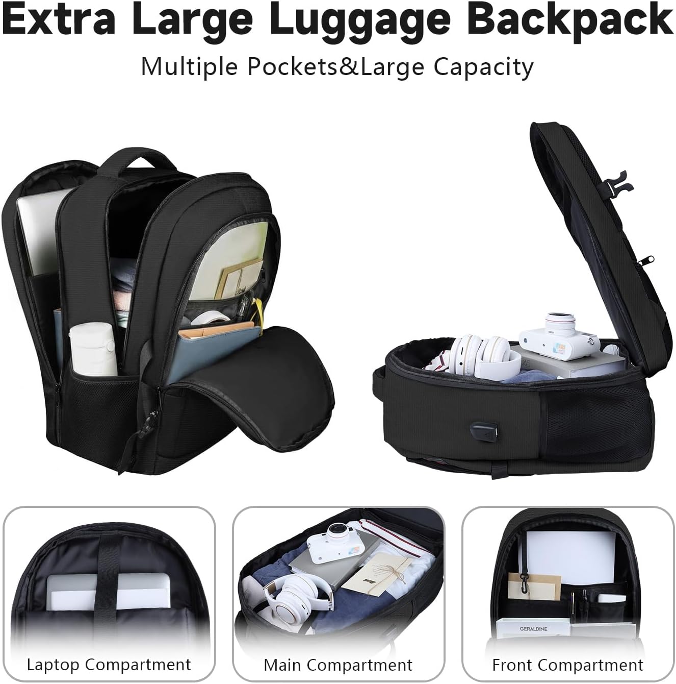 Travel Backpack, Large Carry on Backpack, 17 Inch Laptop Bag, Big Sturdy TSA-Friendly with USB Port College School Rucksack Bag, Gifts for Him Men Women, Black