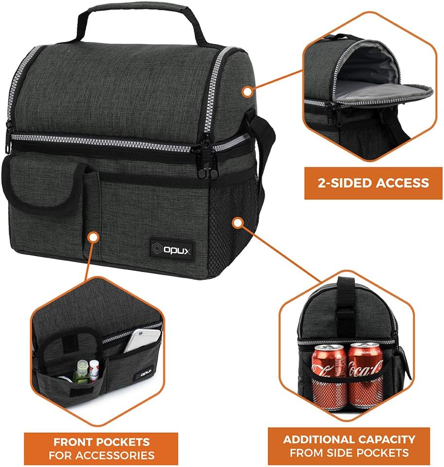 OPUX Lunch Box for Men, Adult Lunch Box Cooler, Insulated Lunch Bag Women, Dual Compartment Lunchbox for Work, Leakproof Double Decker Lunch Bag, Soft Lunch Pail Tote Boys Girls Kids School, Dark Gray