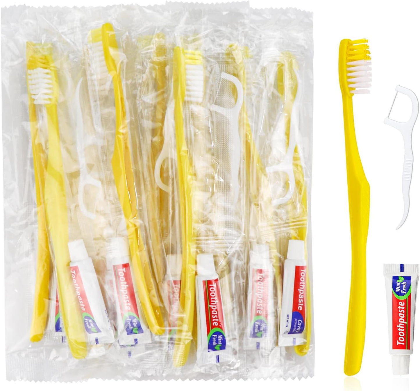 50 pcs Disposable Toothbrushes with Toothpaste and Floss,Yellow Bulk Single Use Toothbrush Floss Pick Individually Wrapped Disposable Travel Toothbrushes Kit for Homeless,Airbnb,Hotel,Guest