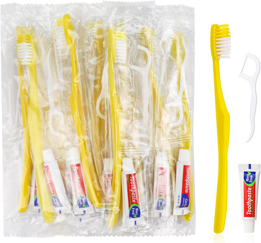 50 pcs Disposable Toothbrushes with Toothpaste and Floss,Yellow Bulk Single Use Toothbrush Floss Pick Individually Wrapped Disposable Travel Toothbrushes Kit for Homeless,Airbnb,Hotel,Guest
