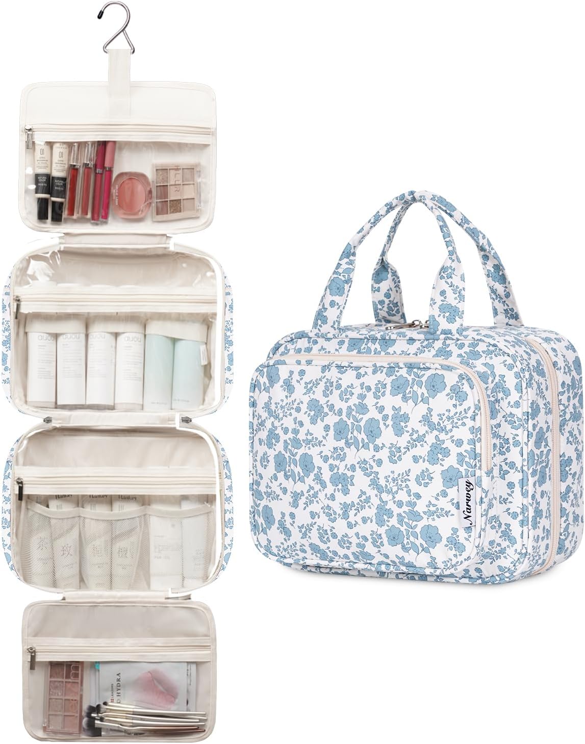 Narwey Travel Toiletry Bag for Women Large Hanging Makeup Bag Organizer Toiletries Bag for Full Size Essentials Accessories Cosmetics (Little Blue Flower (Large))