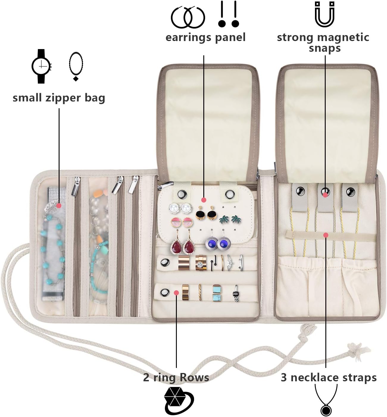 Teamoy Travel Jewelry Roll, Jewelry Storage Bag Organizer for Necklaces, Earrings, Bracelets, Rings, Brooches and More, Compact and Easy to Carry, Peony