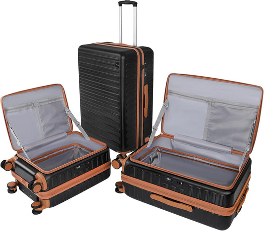 3-Piece 20/24 Top Opening Hardshell Lightweight Luggage and 28-Inch Clamshell Opening Suitcase with Spinner Wheels & TSA Locks, Black Brown, 20in/24in/28in