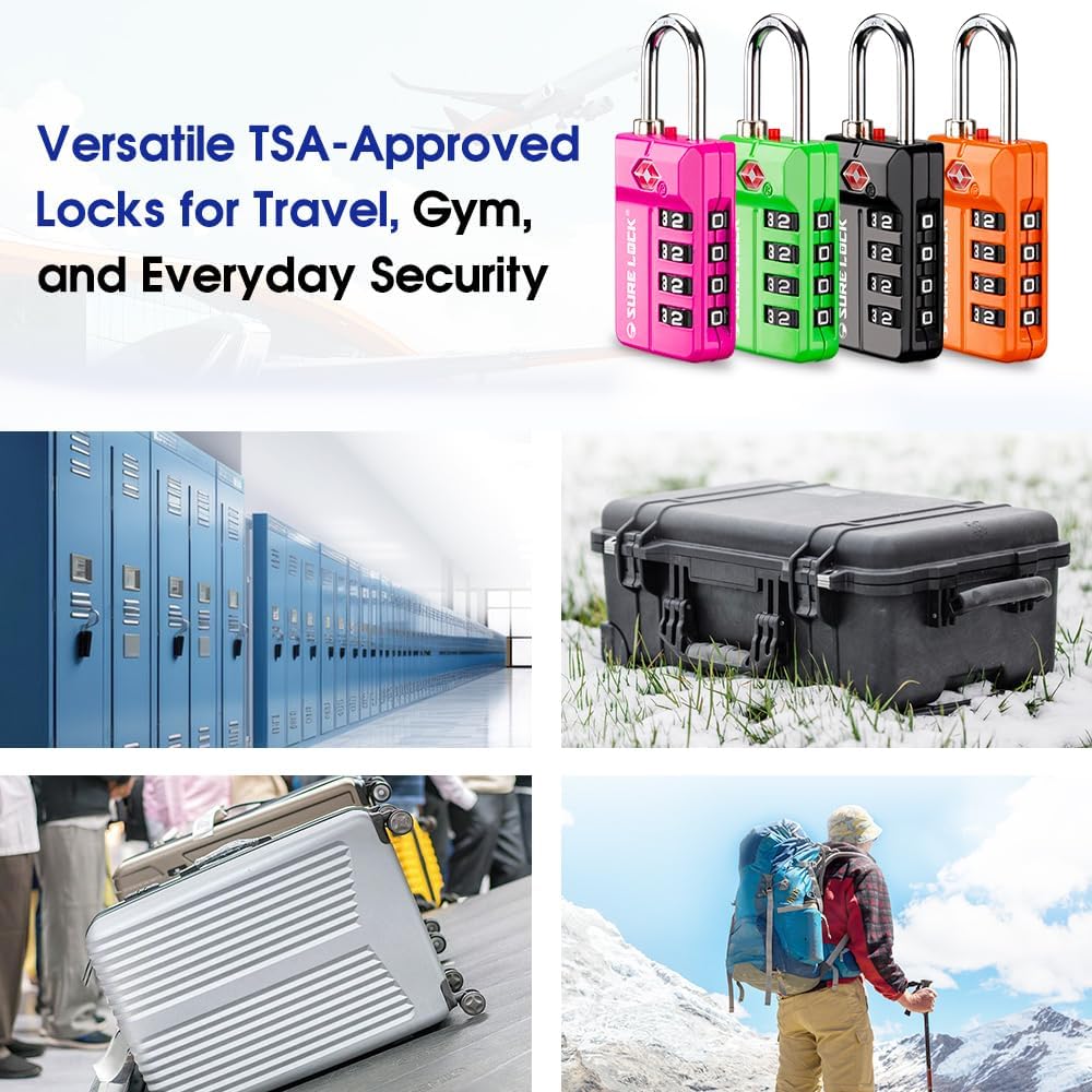 SURE LOCK TSA Approved 4-Digit Resettable Combination Luggage Locks with Open Alert, Easy-Read Dials - for Luggage, School Lockers, Gym, Office, Toolbox & Security Cases (Black 2 Pack)