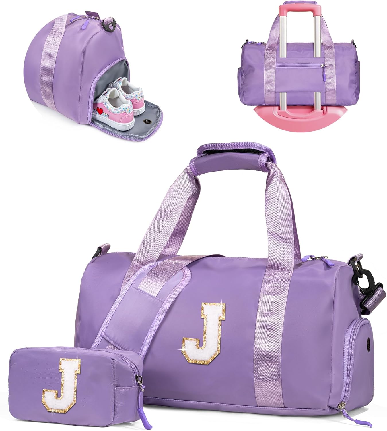 Teen Girls Birthday Gifts-Girl Gym Bag with Shoe Compartment, Kid Personalized Weekender Overnight Bags, Initial Travel Tote with Makeup Pouch, Birthday Gift for Sister Daughter (Letter J)