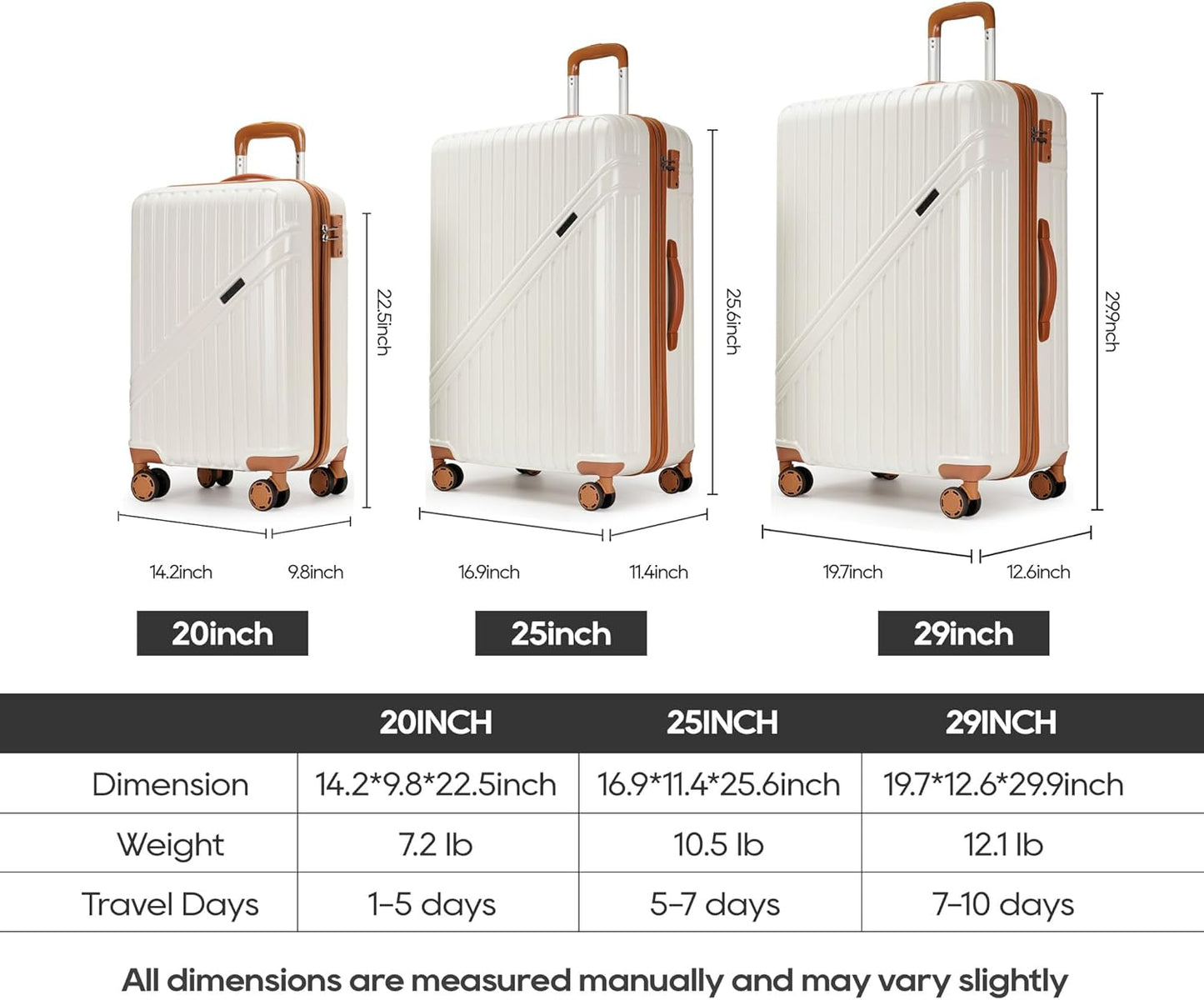 GinzaTravel Luggage Sets 3-Piece Expandable Suitcases with Wheels PC+ABS Durable Hardside Luggage sets TSA lock（White + Brown）
