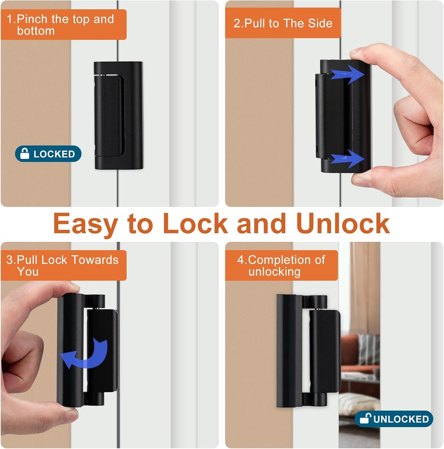 2 Pack Home Security Door Lock,Childproof Door Reinforcement Lock,with 3" Stop Withstand 800 lbs,for Inward Swing Doors,Night Kids Safety Metal Flip Lock Deadbolt Latch (Black)