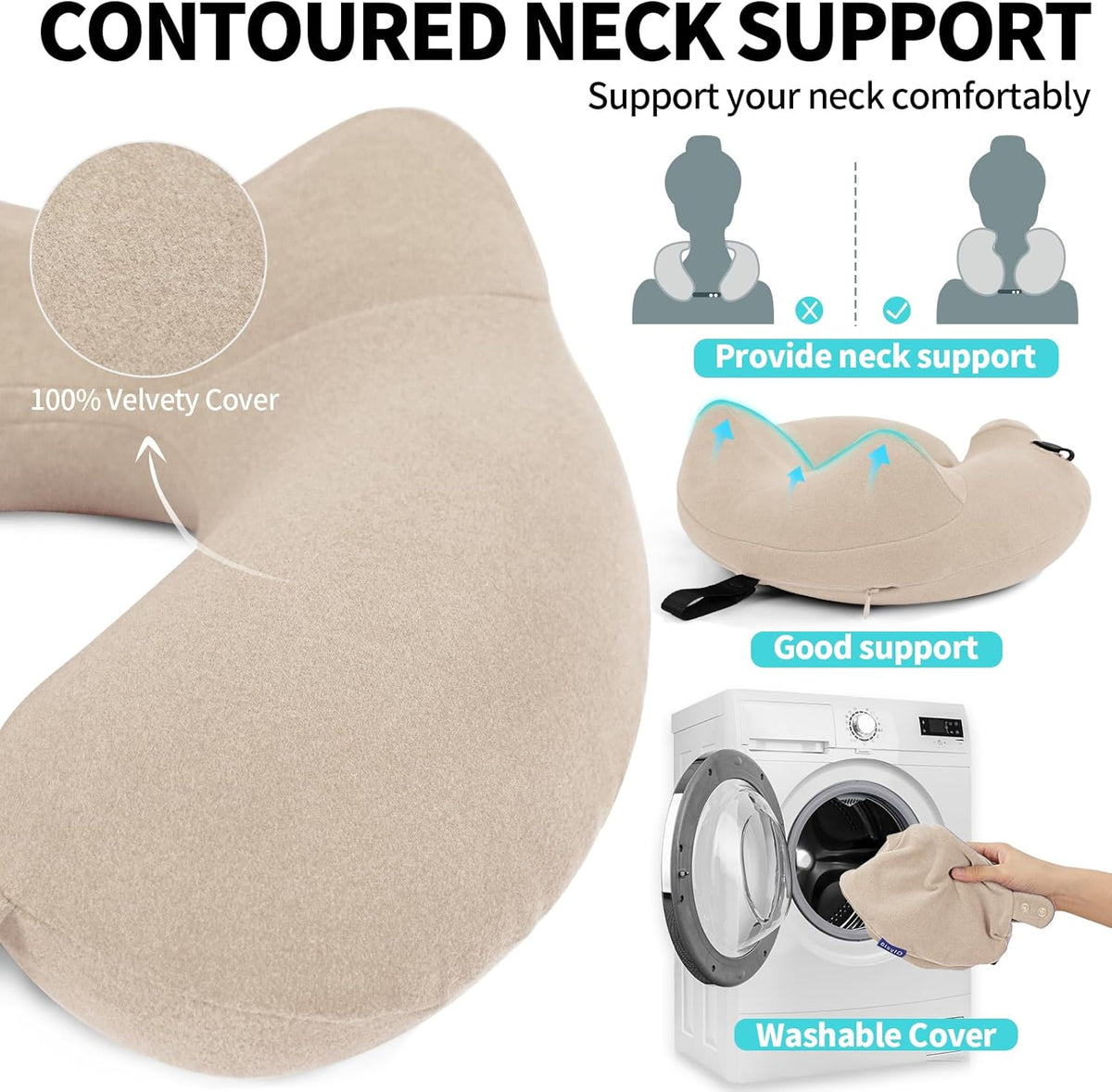 Inflatable Travel Neck Pillow for Airplane, Head Support Velvet Adult Neck Pillow for Long Flight, Kit with Eye Mask, Earplugs and Storage Bag,1, Beige