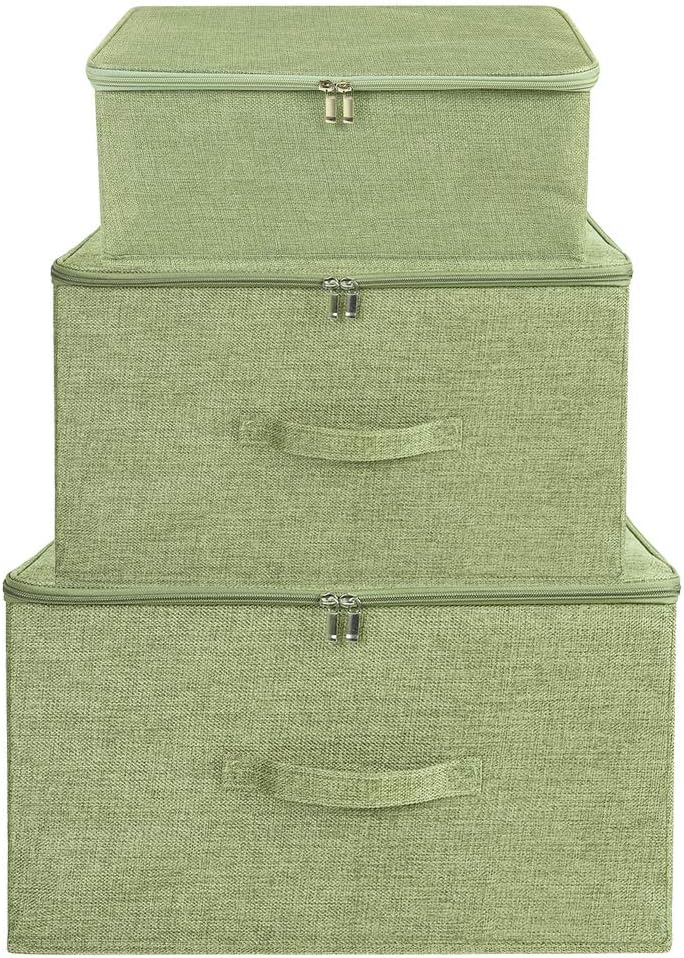 ANMINY 3PCS Storage Bins with Zipper Lids 13 Qt Lidded Fabric Storage Boxes Baskets Cubes with Handles Collapsible Washable Cotton Linen Closet Shelf Clothes Organizer Containers - Green, Small