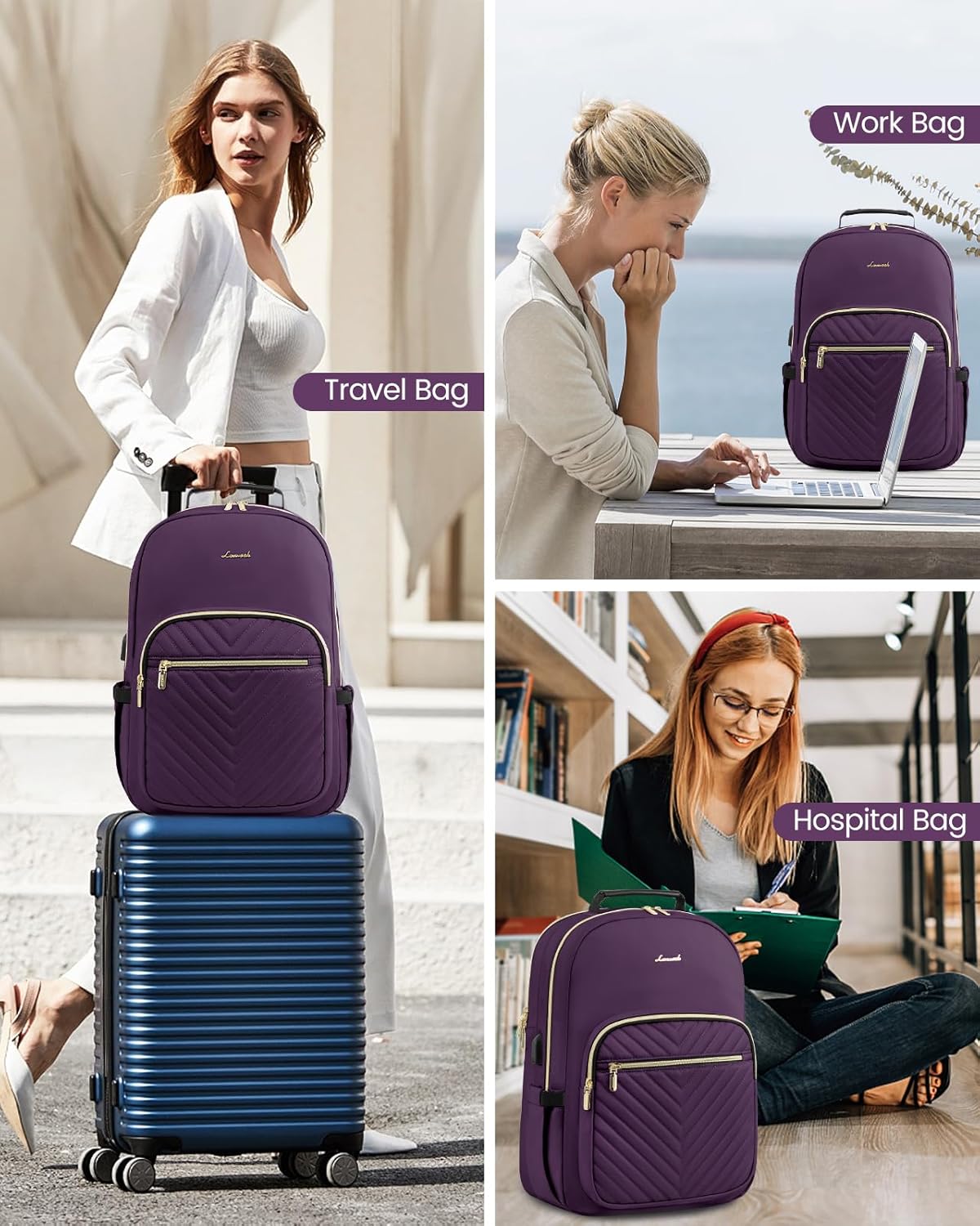 LOVEVOOK Laptop Backpack for Women, Travel Computer Work Bags with 17-inch Laptop Compartment, College School Student Bag Teen Backpacks For Girls, Outdoor Carry On Backpack Purse, Deep Plum