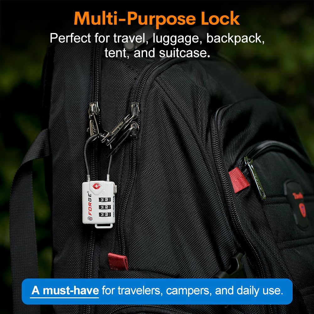 TSA Approved Cable Luggage Locks, Re-settable Combination with Alloy Body (White 4 Locks)