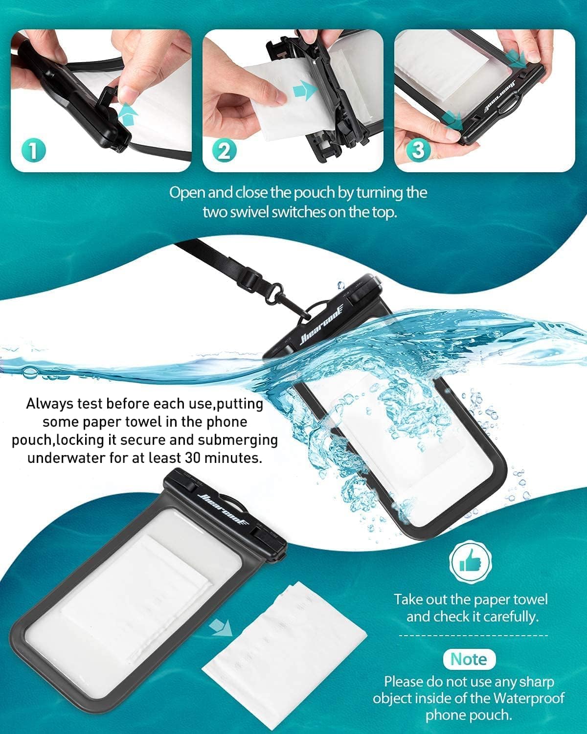 Hiearcool Universal Waterproof Phone Pouch,Underwater Dry Bag for iPhone 16 15 14 13 Pro Max XS Plus up to 8.3",IPX8 Cell Phone Case for Cruise Travel Essentials-Black&Clear-2Pack