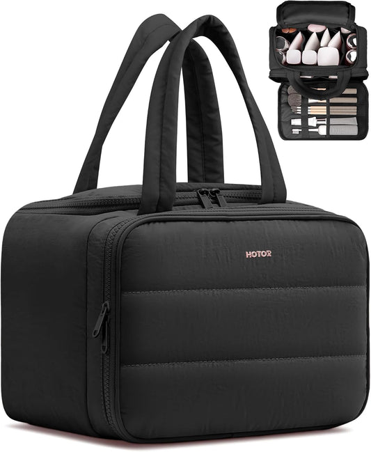 HOTOR Travel Toiletry Bag - Wide-Open Toiletry Bag for Women, Multi-Pocket Makeup Bag for Travel Essentials, Wet & Dry Separation Travel Accessories for Trip, Gym, 11.4" x 5.9" x 8.3", Black