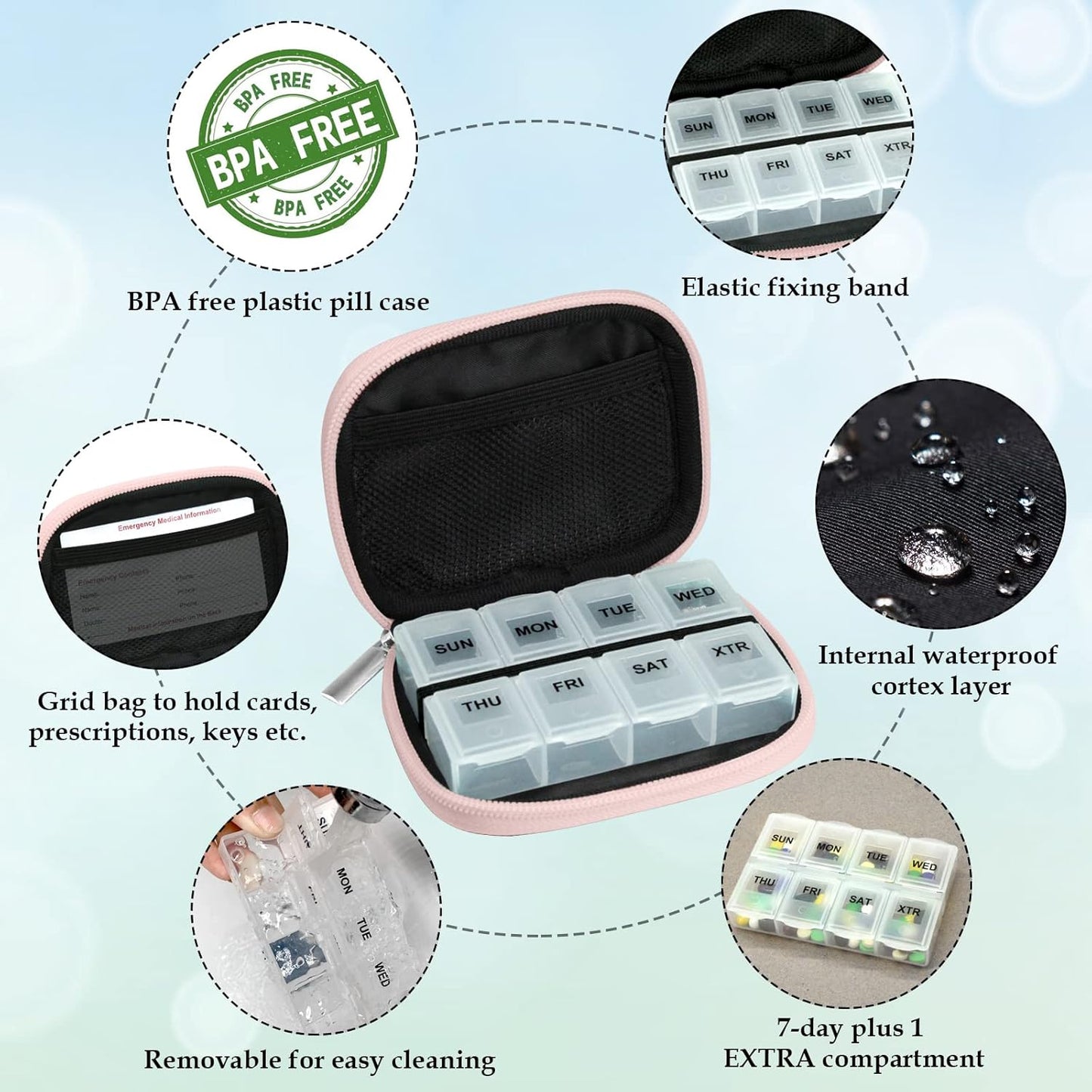 Serfeymi Weekly Travel Pill Organizer Pill Case for Purse with Removable 7 Day Pill Box, Fashionable Travel Medicine Organizer Pill Container for Medicine, Vitamin, Supplement - Bloom 03