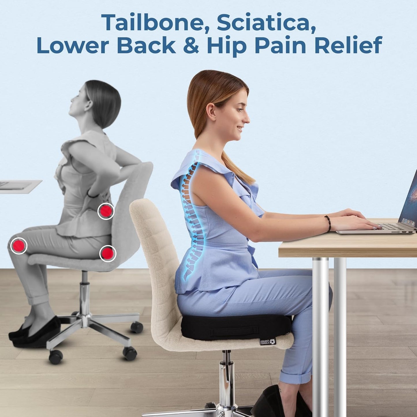 5 STARS UNITED Seat Cushion for Tailbone Pain Relief – Large Memory Foam Cushion for Coccyx, Hip, Sciatica & Post-Surgery Recovery – Wheelchair, Car, Desk, Gaming & Office Chairs, Black