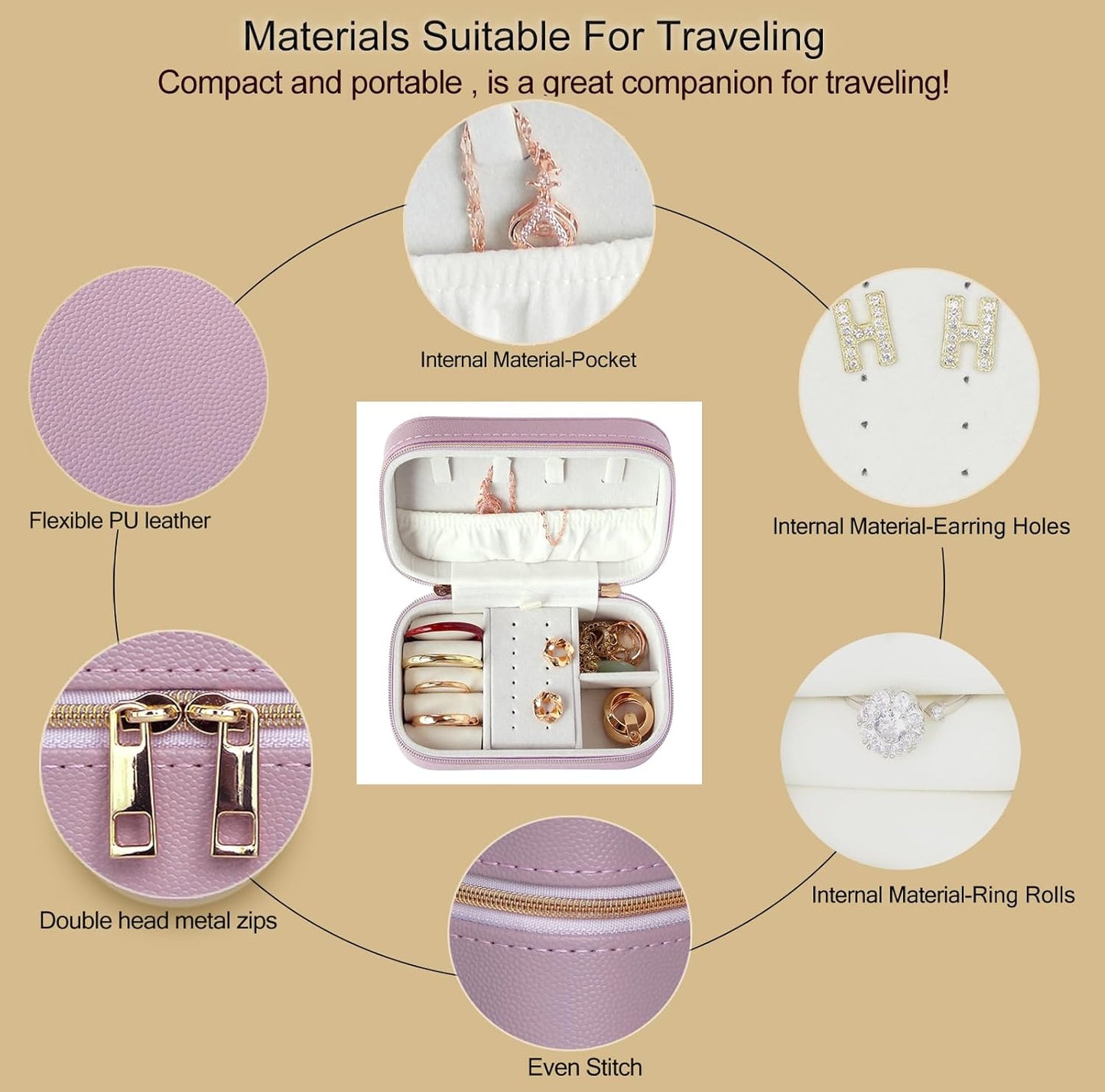 Small Jewelry Travel Case for Women Zippered Leather Small Jewelry Organizer Used For Short Trips Compact Travel Jewelry Case Is Compact Lavender Travel Jewelry Box Travel Gifts For Her