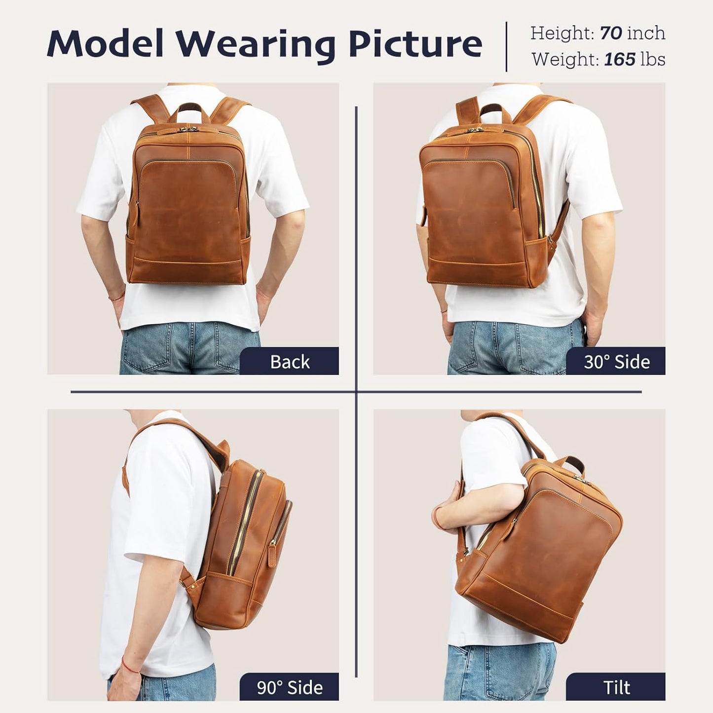 Leather Backpack for Men 15.6" Laptop Backpack 100% Madagascar top-Grain Leather Backpack Light Brown Medium Size