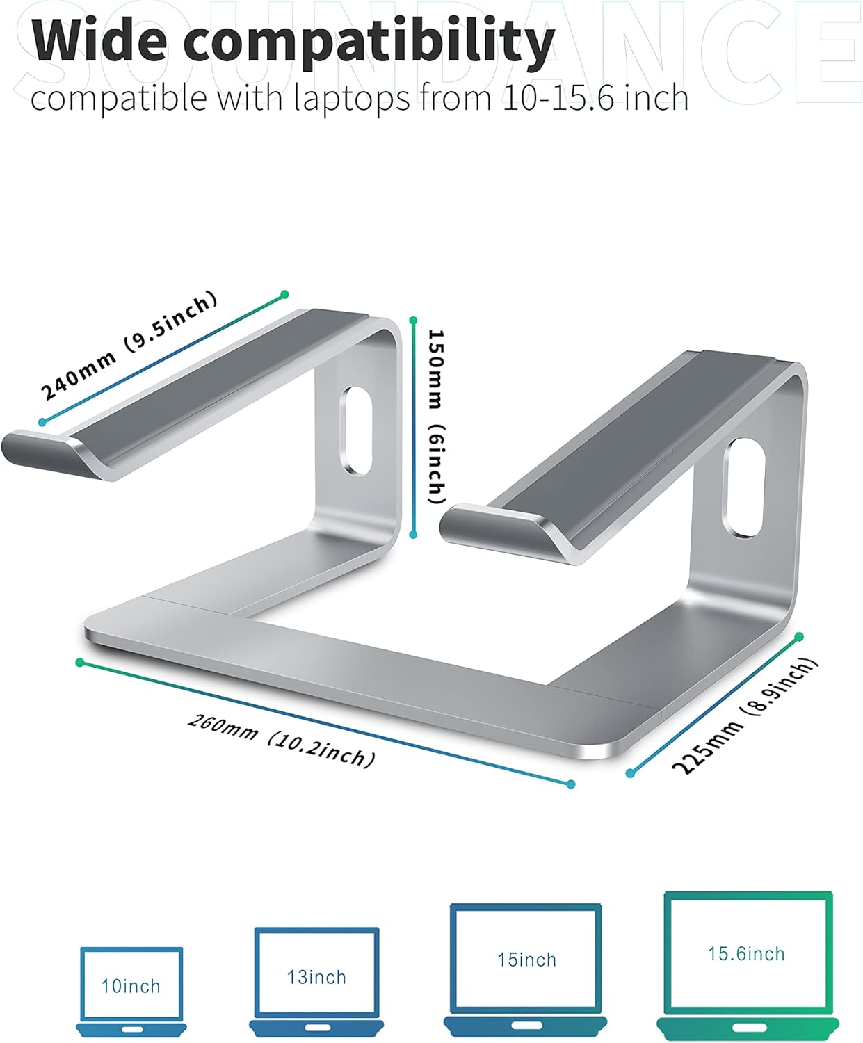 SOUNDANCE Laptop Stand, Aluminum Computer Riser, Ergonomic Laptops Elevator for Desk, Metal Holder Compatible with 10 to 15.6 Inches Notebook Computer, Silver