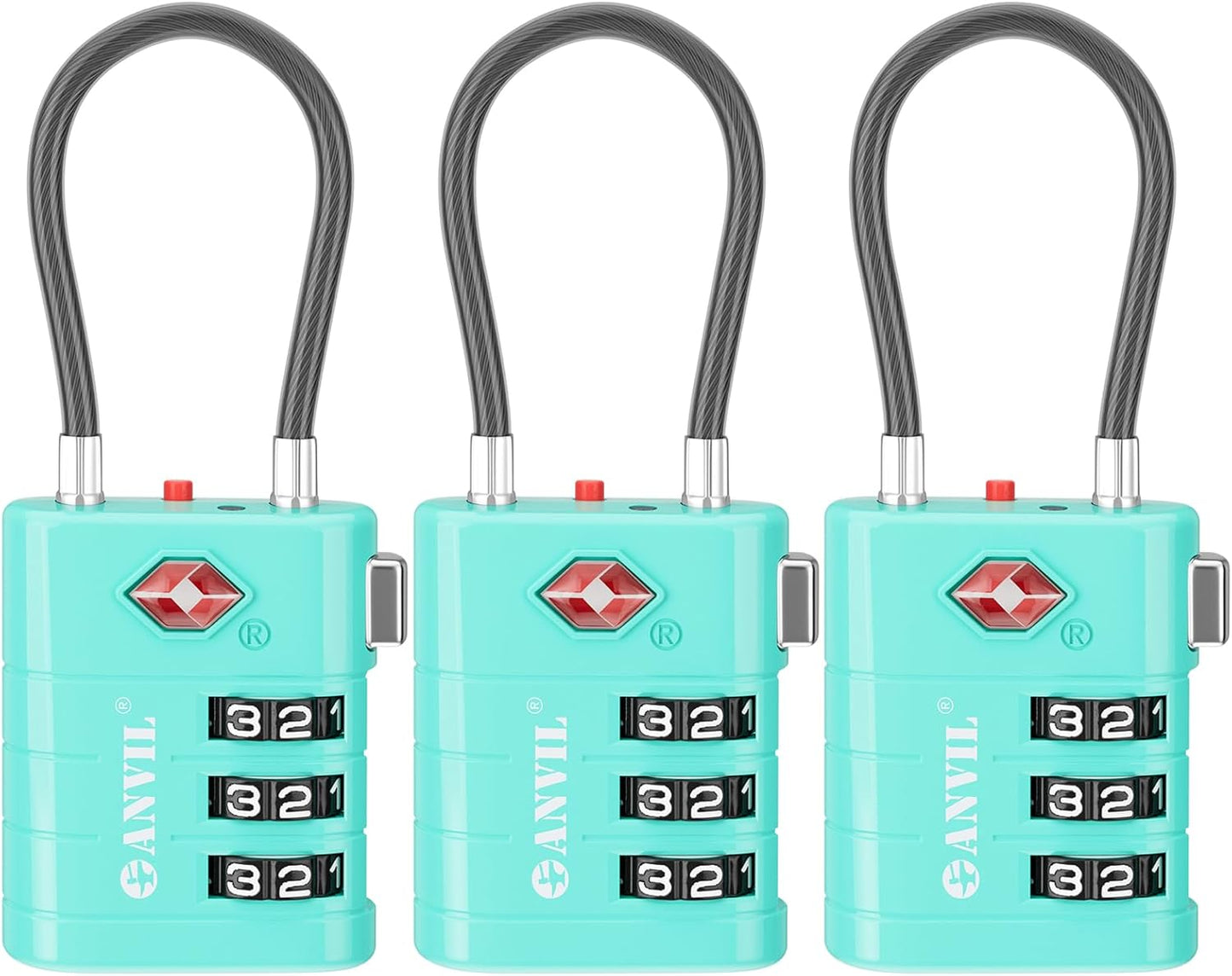 ANVIL TSA Approved Luggage Locks – High Security TSA008 Combination Travel Locks with Inspection Indicator for Suitcases and Backpacks. (3, Cyan)