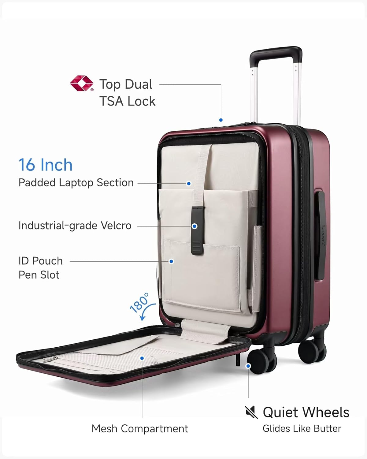 LUGGEX Carry On Luggage 22x14x9 Airline Approved, FLO5 Expandable Polycarbonate Suitcase with Front Pocket (FX-Core, Cheery, 20 Inch)