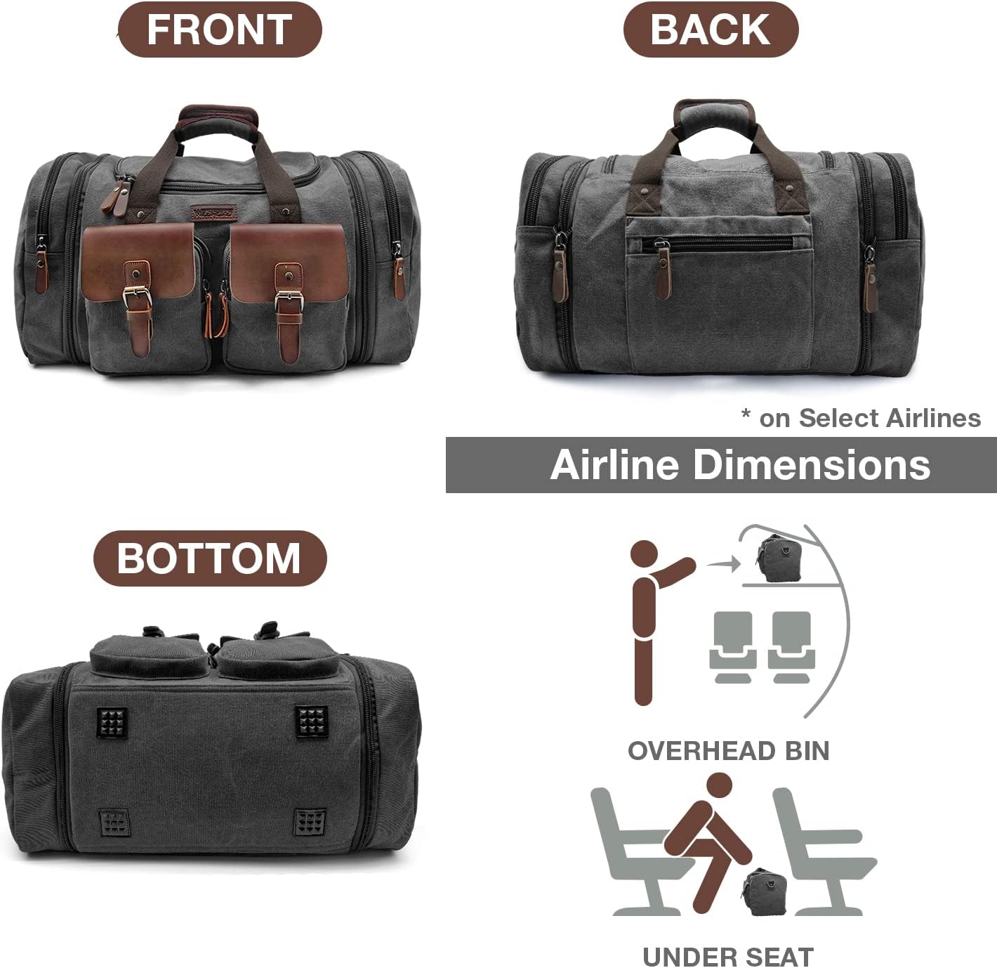 Wildroad 50L Travel Duffel Bag, Expandable Canvas Genuine Leather Duffle Bag Upgraded Overnight Weekender Carry on Bag