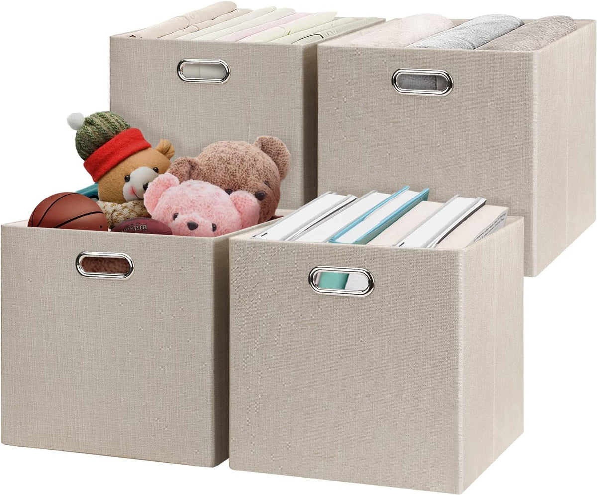 Posprica Storage Cube Basket Bins,13×13 Foldable Storage Boxes for Closet Organizer Shelf Cabinet Bookcase,Thick Fabric Drawer,Set of 4, Beige