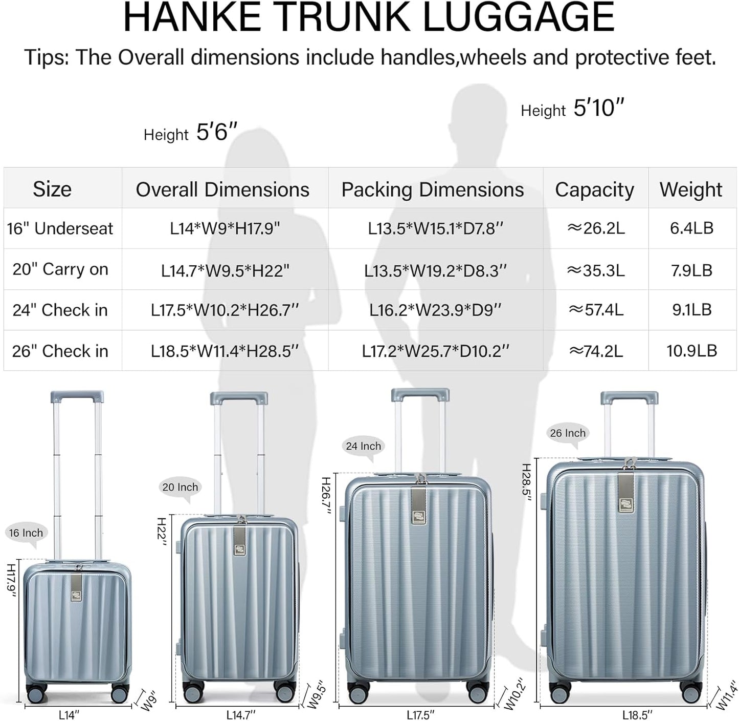 Hanke 26 Inch Large Checked Luggage PC Hard Shell Luggage Top Opening Travel Luggage Suitcases with Wheels for Woman Men.(Grey)