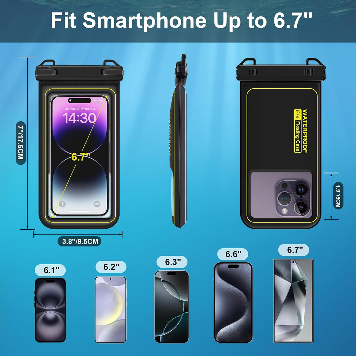Waterproof Phone Pouch Floating, IP68 Waterproof Phone Case for iPhone 16 Pro 15 14 13 12 11 Pro Max Samsung Google, Dry Bag with Adjustable Lanyard, Up to 6.7'' Black