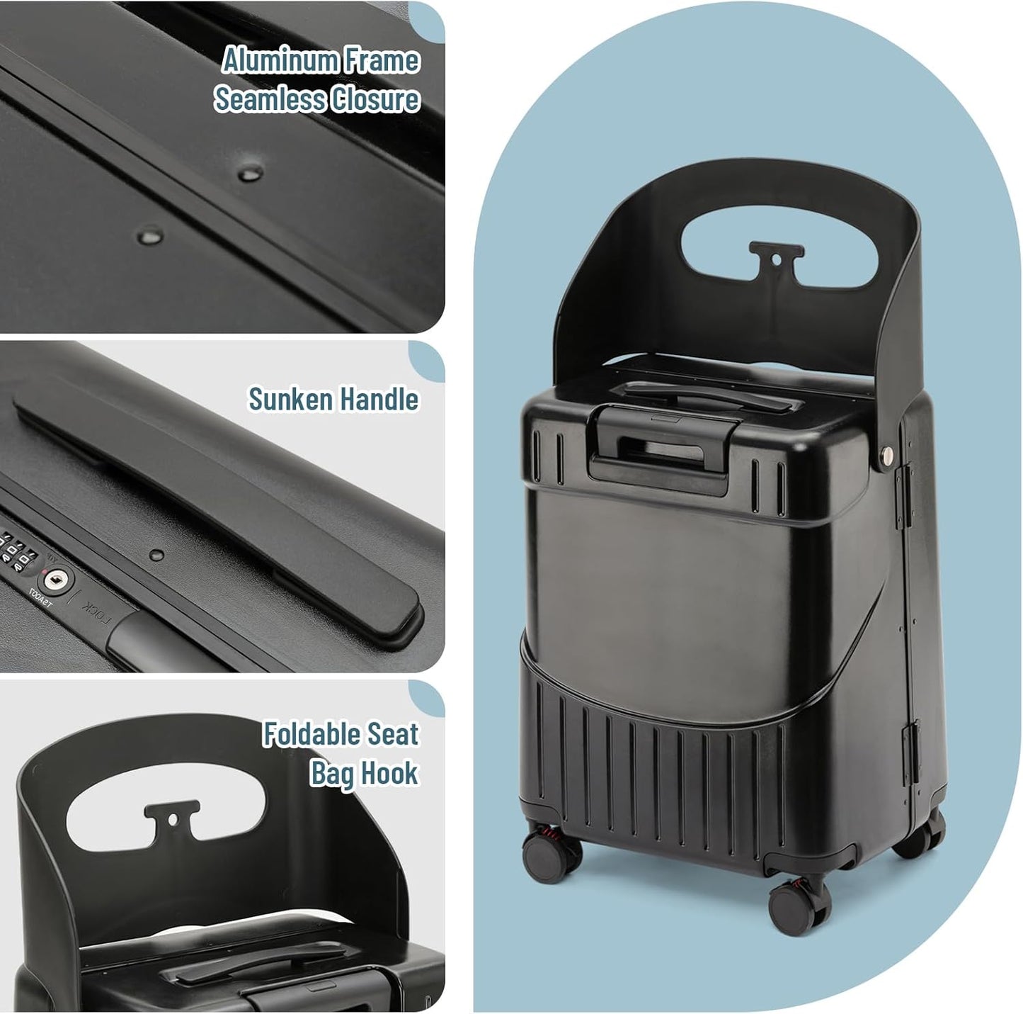 22 Inch TSA Lock Luggage with Seat for Adults and Kids,Check in Lockable Spinner Wheels Suitcase with Belt and Cover (TSA Luggage with Seat Black)