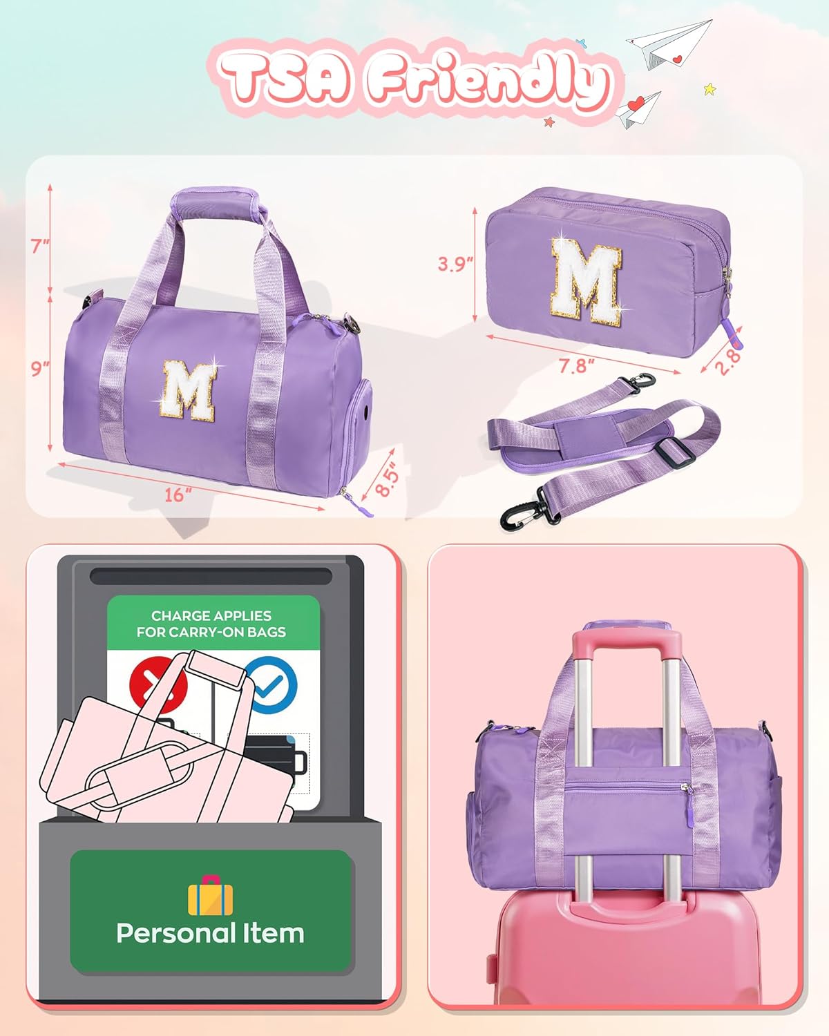 Gifts for 3 4 5 6 7 8 9 10 Year Old Girls-Girl Gym Bag with Shoe Compartment, Kid Personalized Weekender Overnight Bags, Initial Travel Tote with Makeup Pouch, Graduation Gift (Letter M)