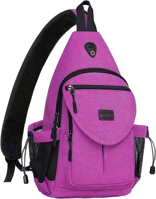 MOSISO Sling Backpack,Canvas Crossbody Hiking Daypack Bag with Anti-theft Pocket, Rose Red