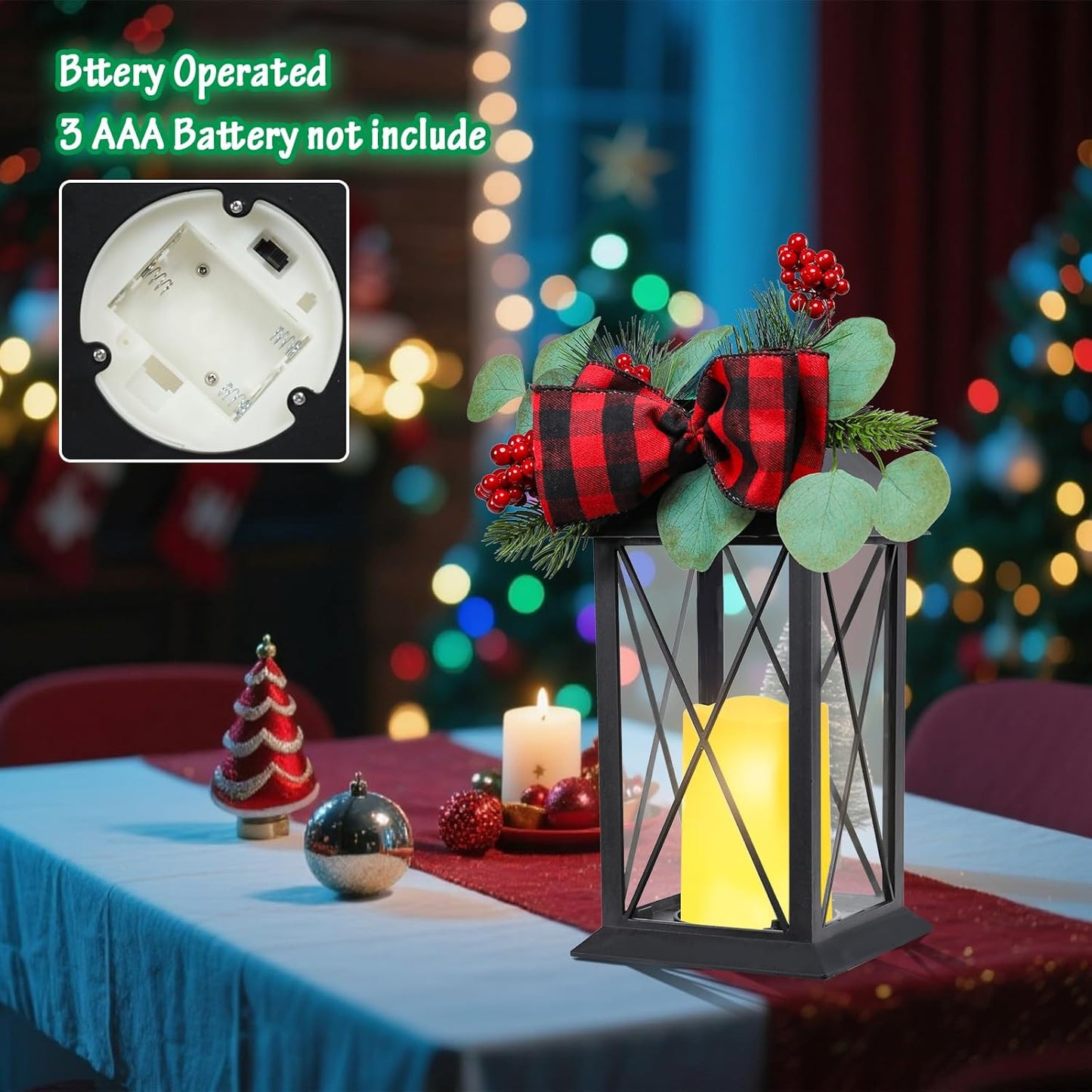 Christmas Outdoor Decor Lanterns 2 Pack, 11" Waterproof Battery Powered LED Hanging Lanterns with Flamessless Candle for Tabletop, Front Porch, Entrance, Indoor, Gift for Women