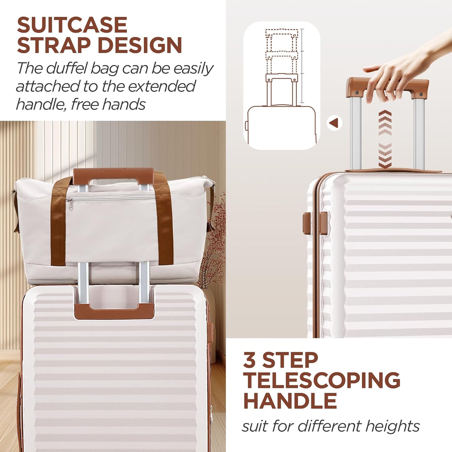 SHOWKOO Carry On Luggage Hardshell Lightweight Luggage Set, Suitcase with Double Spinner Wheels Tsa Lock White 3 piece set Beige White (DB/TB/20in)