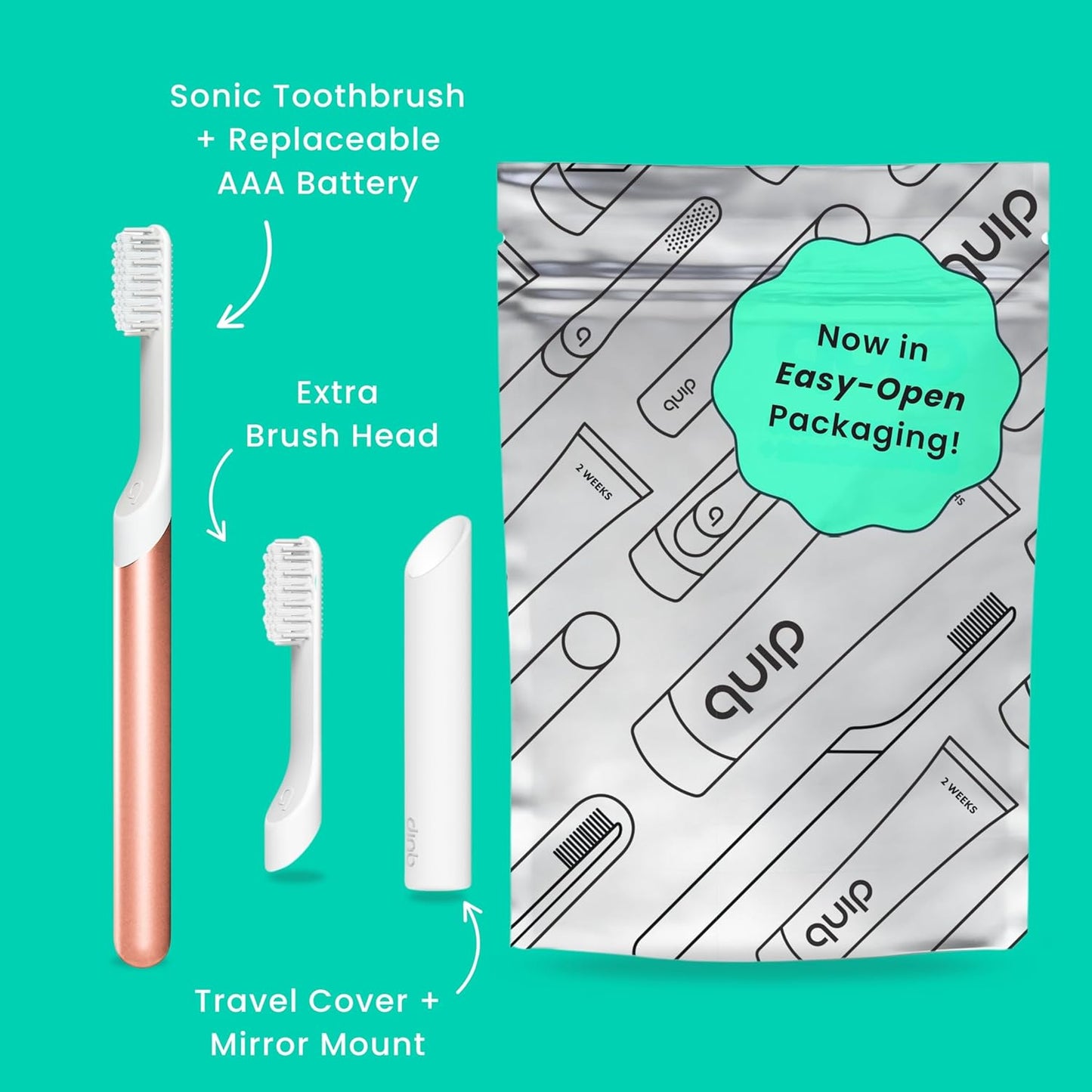 Quip Sonic Toothbrush for Adults with Timer - Includes Extra Brush Head and Travel Cover Mount - Electric, Soft Bristle Refill Head, Metal Handle, 3 Month Battery Life - Travel Toothbrush - Copper