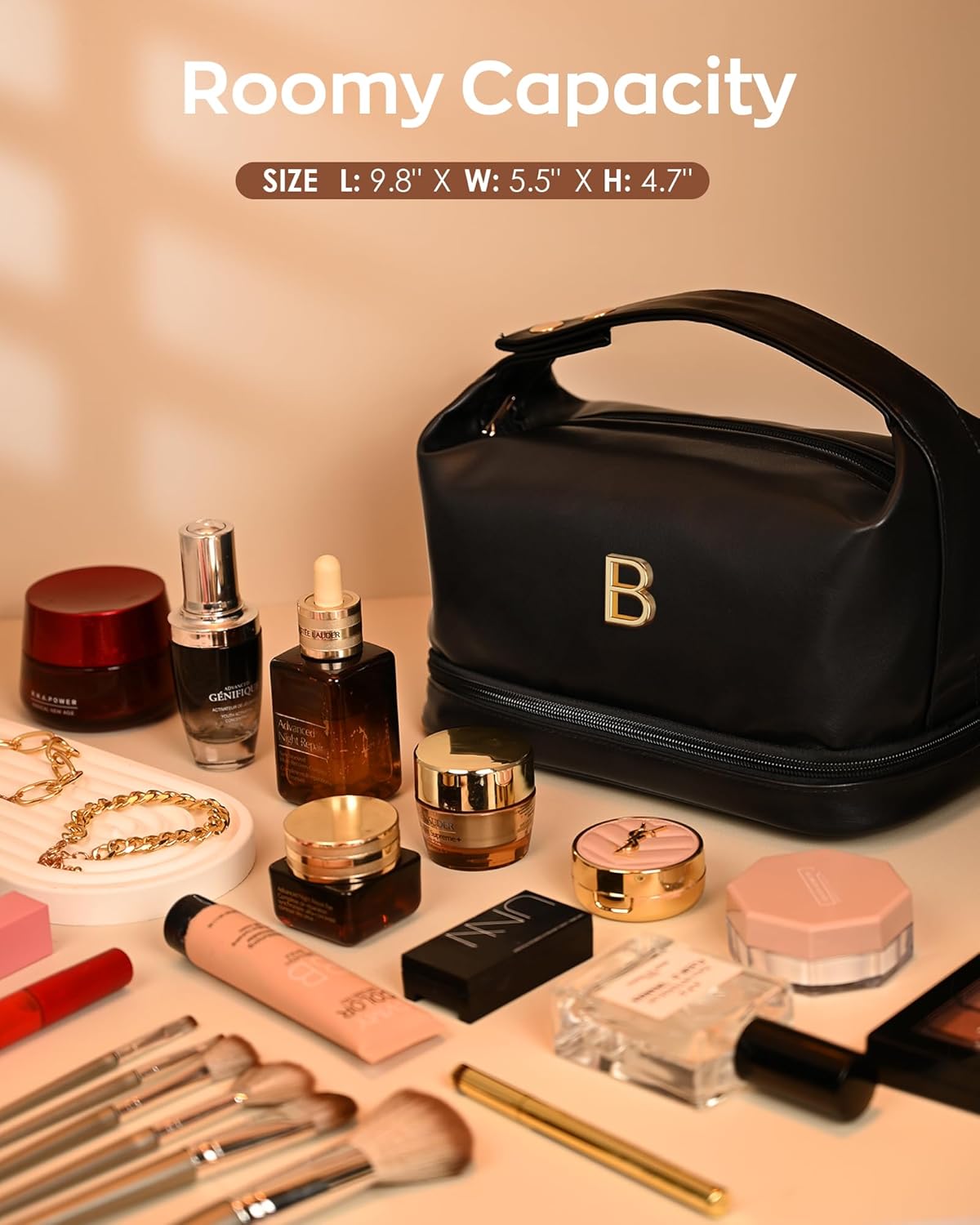 Personalized Gifts for Women, Gift for Teens Makeup Bag with Handle, Double Layer Cosmetic Bag with Makeup Brush Organizer, PU Leather Travel Toiletry Bag, Gifts for Friends Female Mom