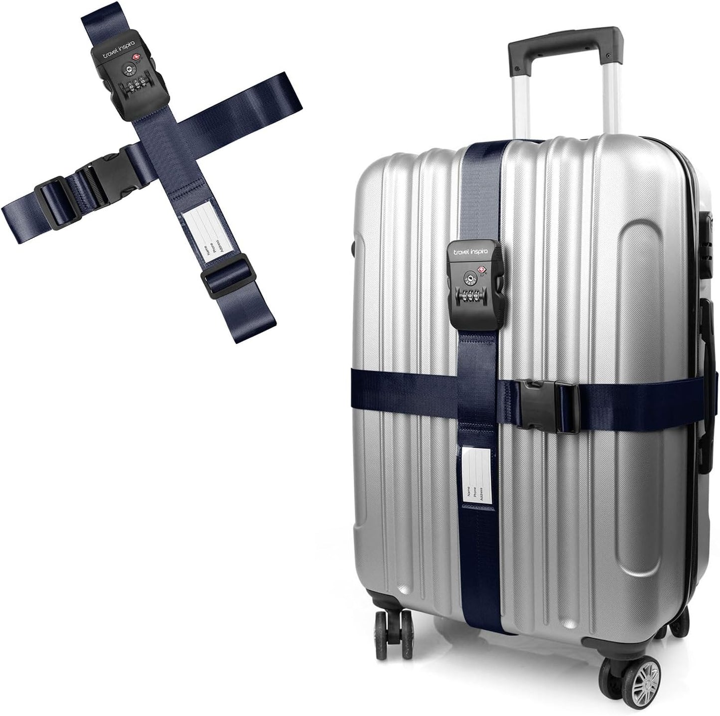 Travel Inspira Luggage Straps - TSA Approved Travel Luggage for Suitcases, Adjustable Suitcase Belt Spot Luggage, Personalized Tags Name ID Card (Navy Blue)