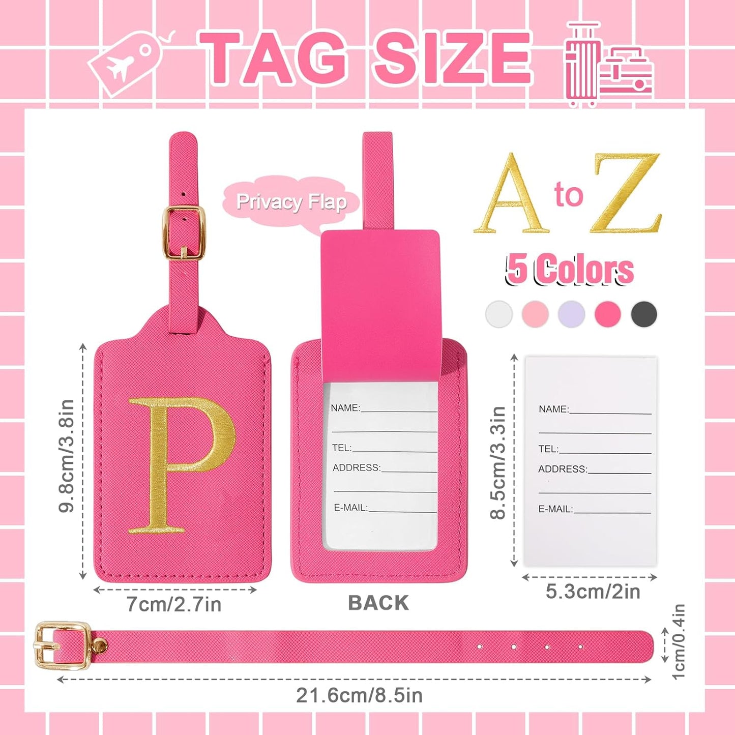 Personalized Rose Red Leather Initial Luggage Tags - Cute Embroidered Custom Monogram Tags for Suitcase, Travel Backpack
