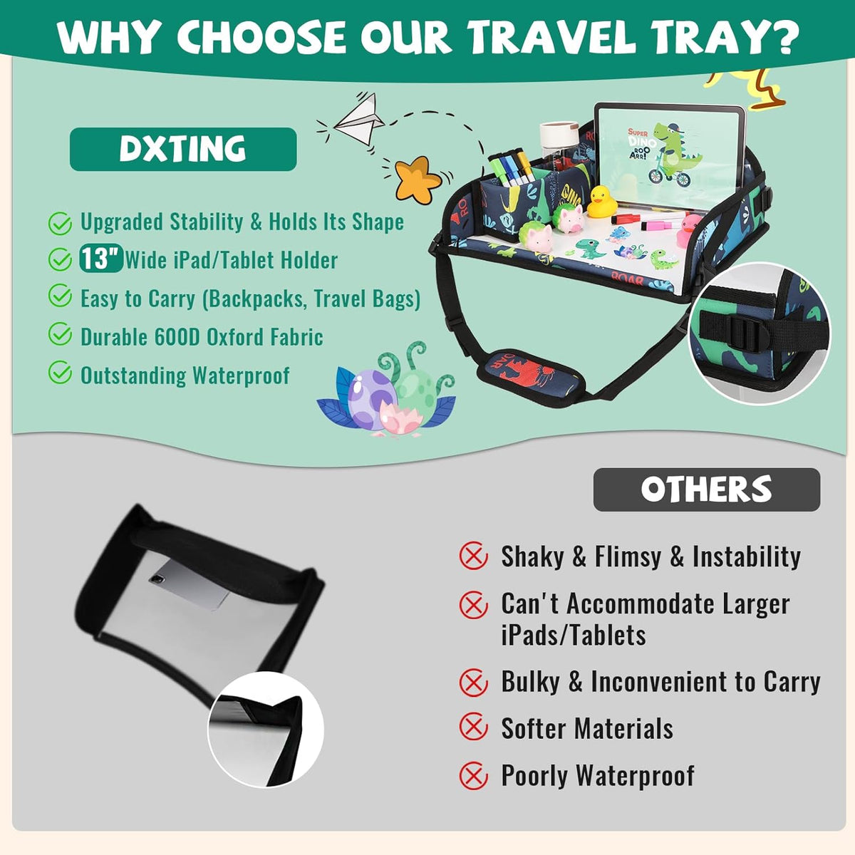 Kids Travel Tray for Airplane - Toddler Car Seat Table Tray, Road Trip Essentials for Boys & Girls, Carseat Lap Desk for Kids Road Trip Activities, Dinosaur
