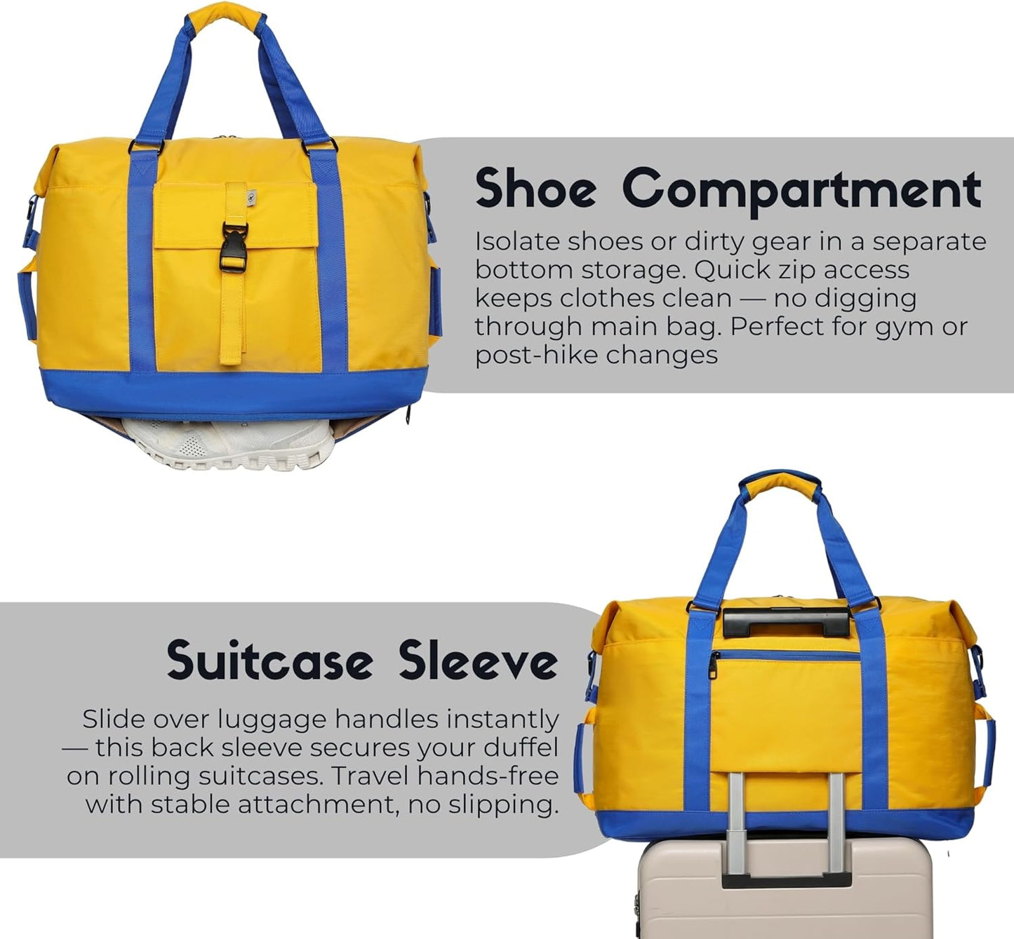 SUNNY BIRD Duffel with Utility Pouch, 40L Weekender Overnight Bag with Shoe Compartment for Travel and Sports (Yellow and blue)