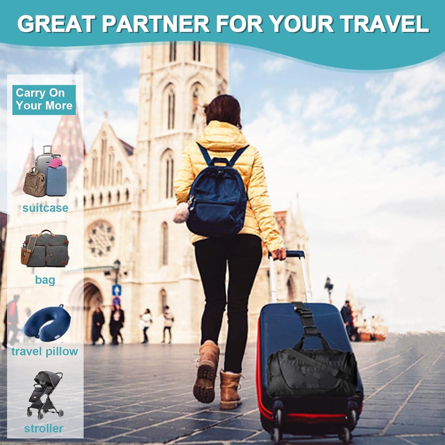 4Pack Luggage Straps Add Bag Luggage Straps to Connect Two Suitcases, Adjustable Luggage Belt Connector for Carry On, Travel Attachment Accessories for Connect Your 3 Luggages, Black