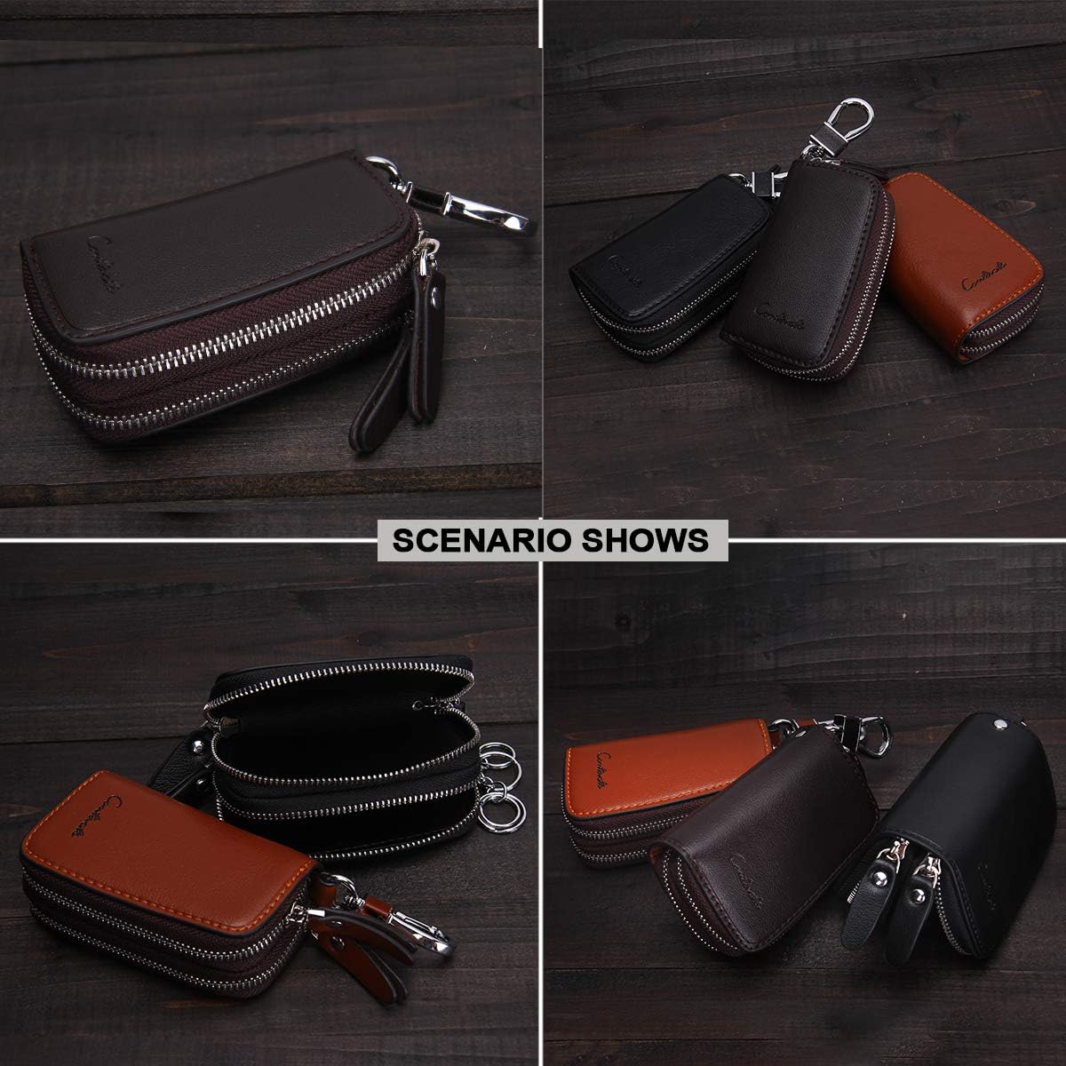 CONTACTS Car Key Case Small Leather Double Zipper Key Holder with 4 Keyrings Keys Organizer for Men Women