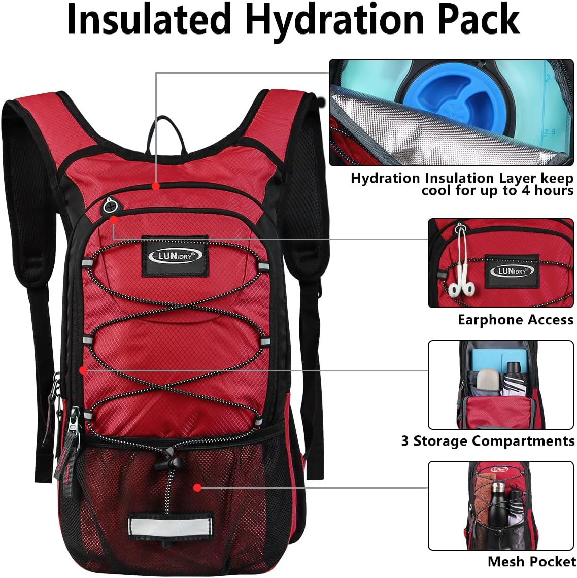 Insulated Hydration Pack Backpack with 3L BPA Free Leak-Proof Water Bladder, Keep Liquids Cool for Up to 5 Hours, Daypack for Hiking, Running, Cycling, Hunting, Climbing