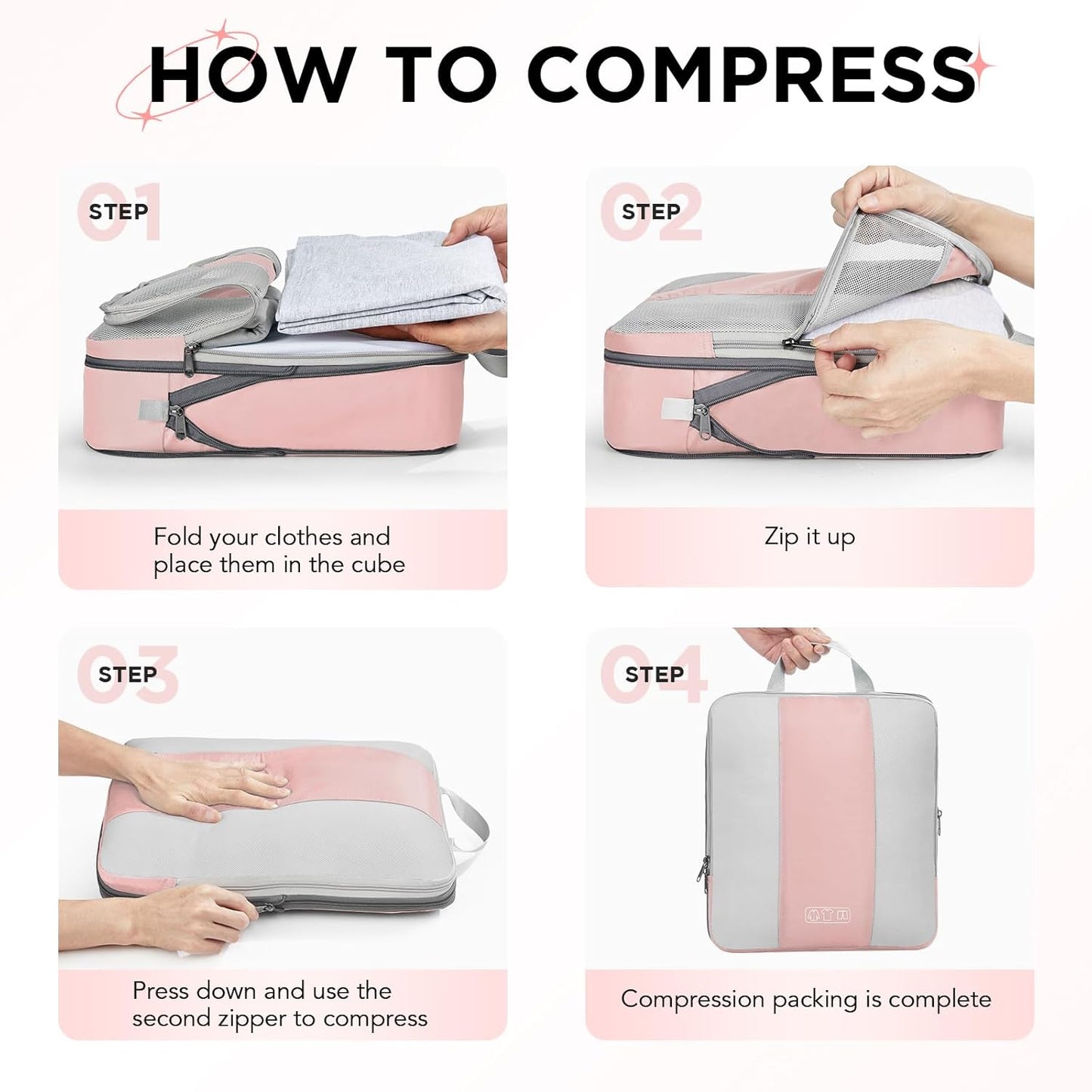 8 Set Compression Packing Cubes for Travel Essentials,Compressible Expandable Packing Cubes for Suitcase,OlarHike Luggage Organizer Bags for Travel,Handy Helper for Organizing Clothes(Pink)