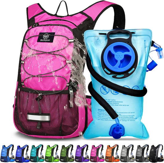 Insulated Hydration Backpack Pack with 3L BPA Free Leak Proof Water Bladder, Large Storage Lightweight Hiking Daypack with Waist Pouches & Cooler Layer, for Running, Biking, Camping, Festival