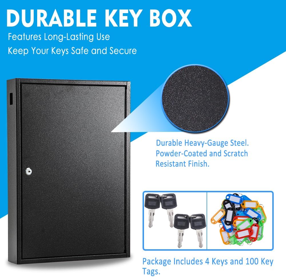 UMEKEN Key Box Wall Mount 100 Position Metal Valet Key Cabinet Lock Box with Key Tags, Key Holder Lockbox Key Organizer Safe Storage Locker Box, Black