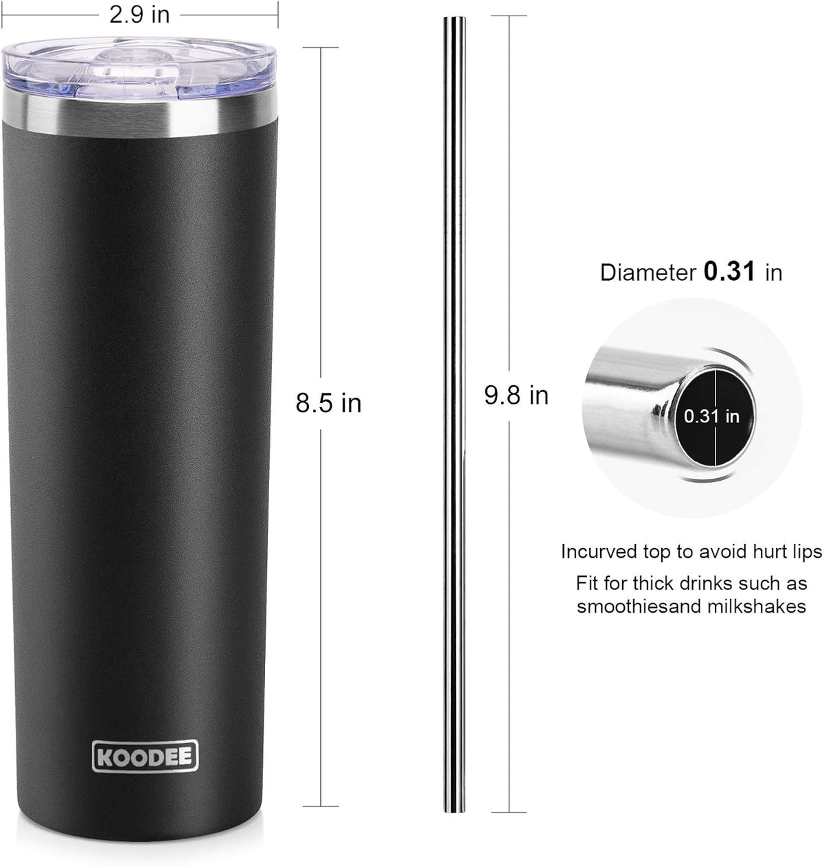 koodee 20 oz Tumbler with Lid and Straw-4 Pack Skinny Tumbler Stainless Steel Double Wall Insulated Coffee Cup (Sky Blue/Pink/Purple/Black