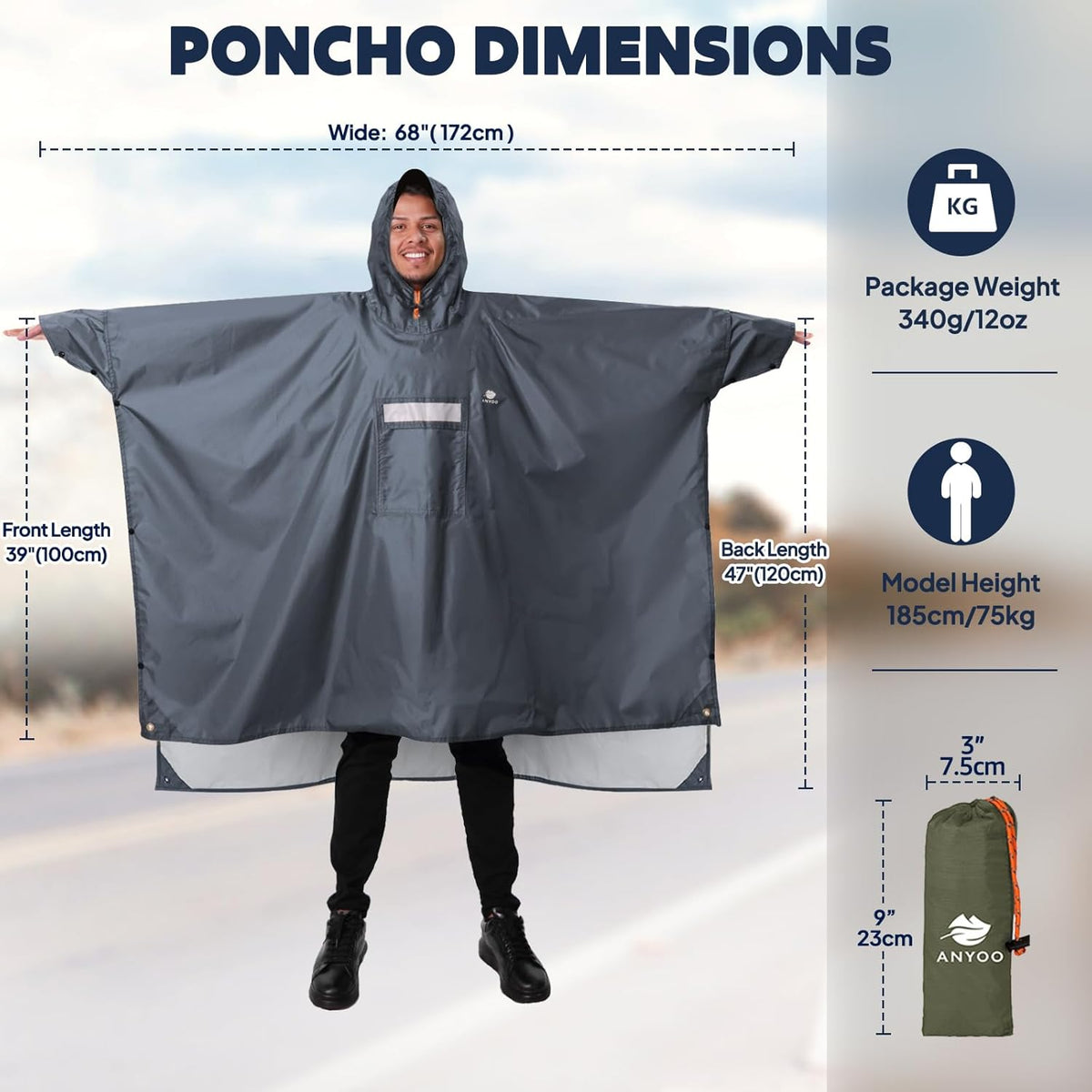 ANYOO Hooded Rain Poncho for Adults Waterproof Lightweight Rain Coat for Men Women Reusable Rain Jacket for Emergency Outdoor