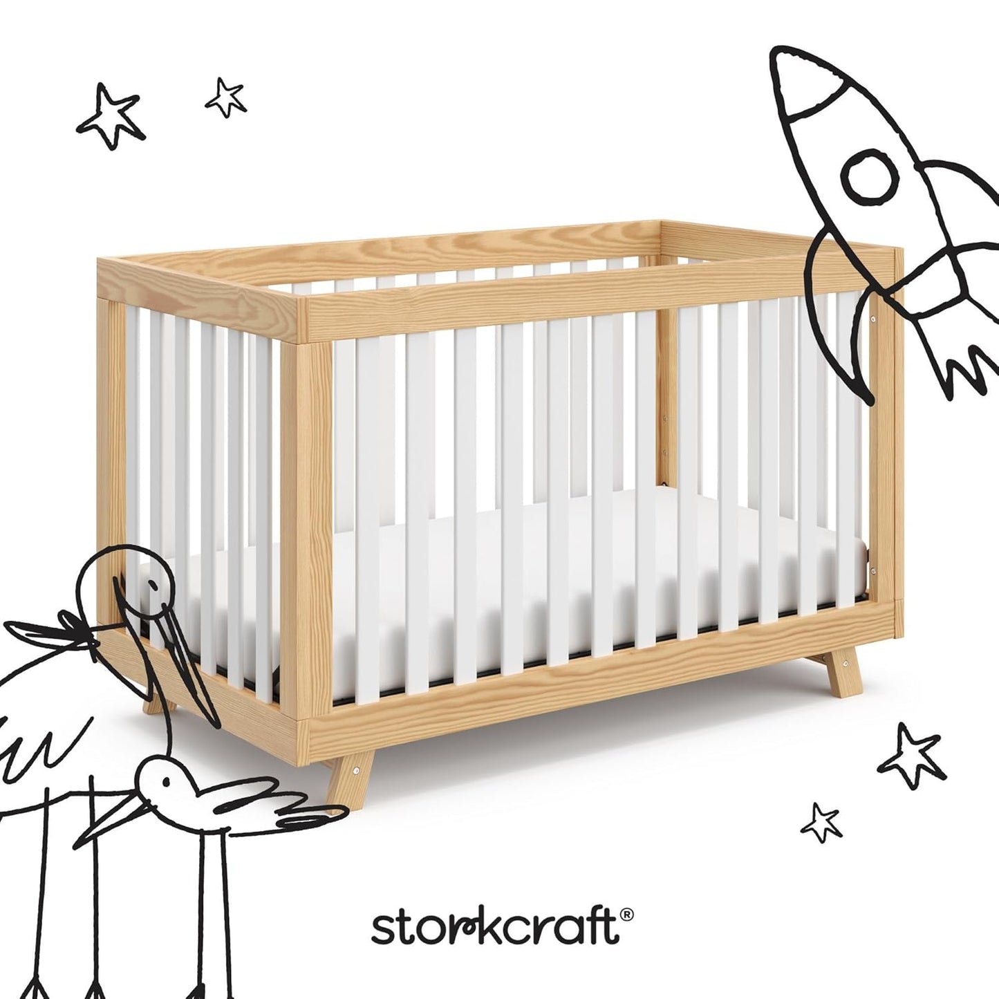 Storkcraft Beckett Convertible Crib (Natural with White Slats) – Converts from Baby Crib to Toddler Bed and Daybed, Fits Standard Full-Size Crib Mattress, Adjustable Mattress Support Base